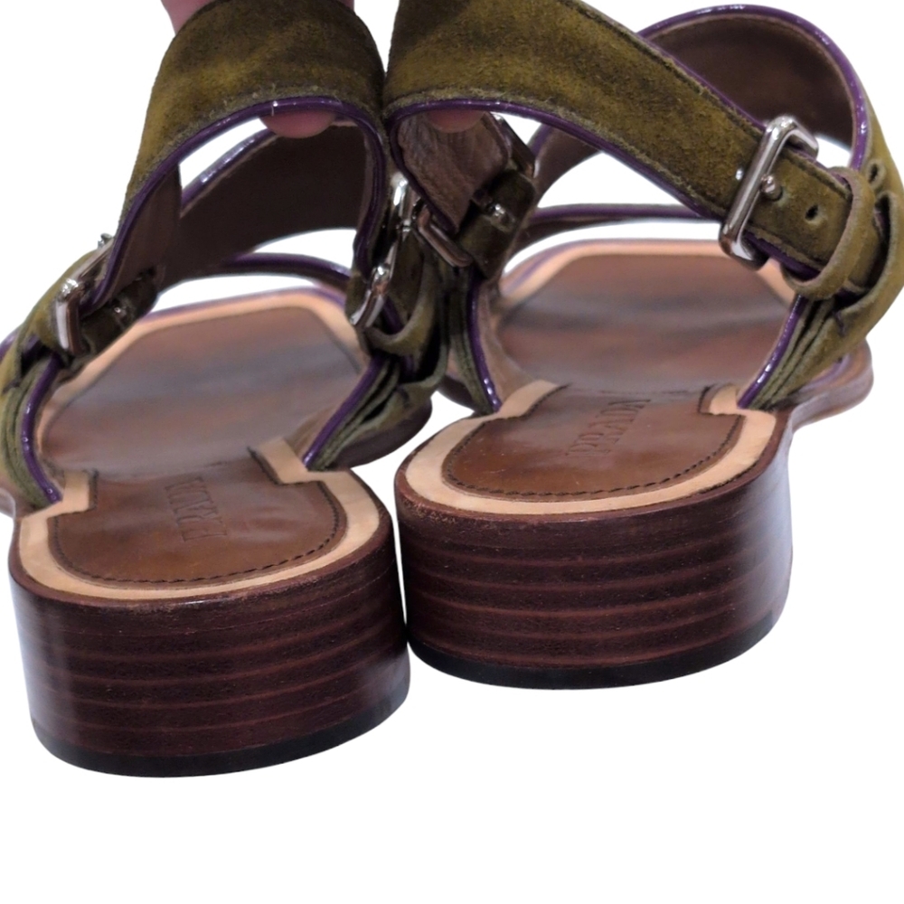 Prada Suede Slingback Buckle Sandals Stack Heels Size 39.5 Olive - Picture 5 of 8